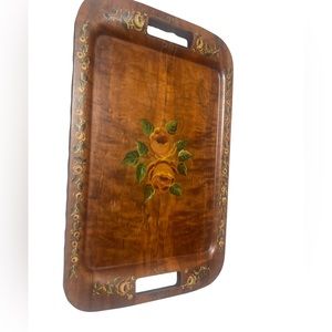 Wood serving tray hand painted roses floral decor vintage